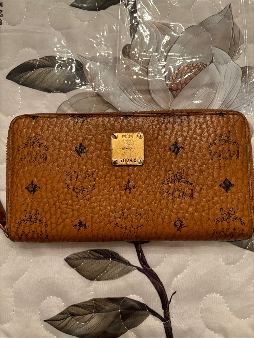 MCM Cognac Logo Visetos Zip Wallet with Gold Plaque